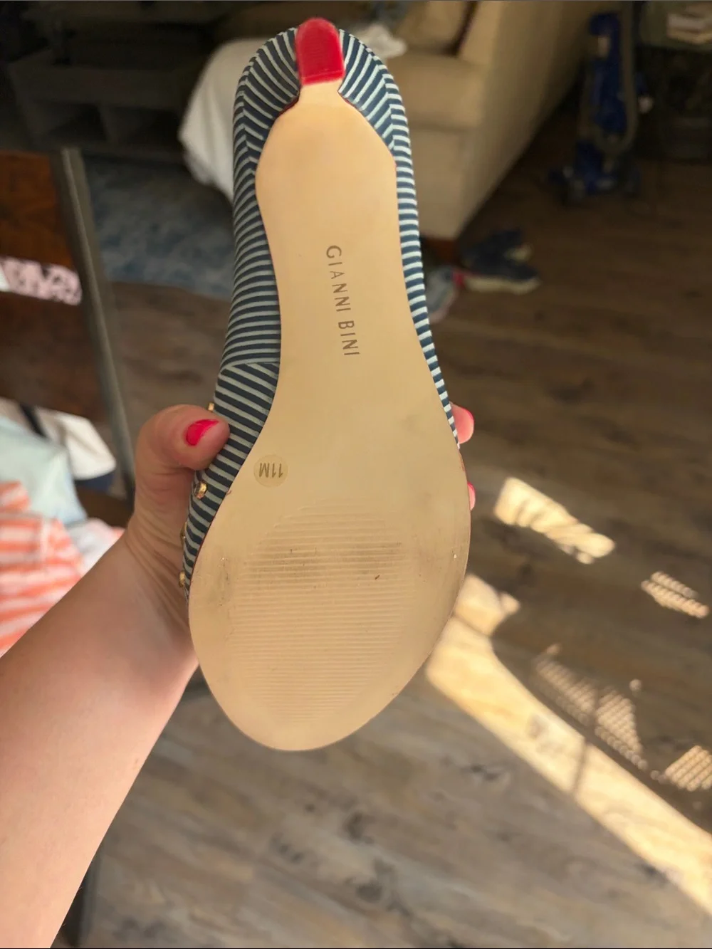 Gianni Bini Blue and White Striped Studded Pointed-Toe Pumps